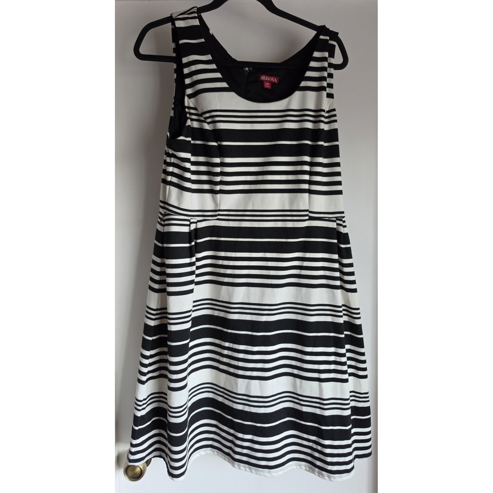 Merona Midi Dress Women L Black White Striped Sleeveless Round Neck Casual